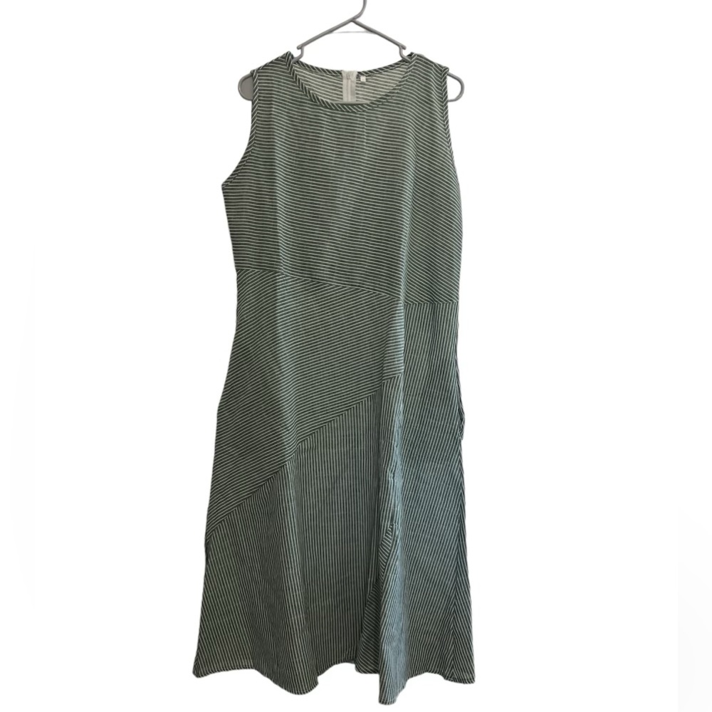 Linen Olive Green White Strip sleeveless Mid-Long Dress